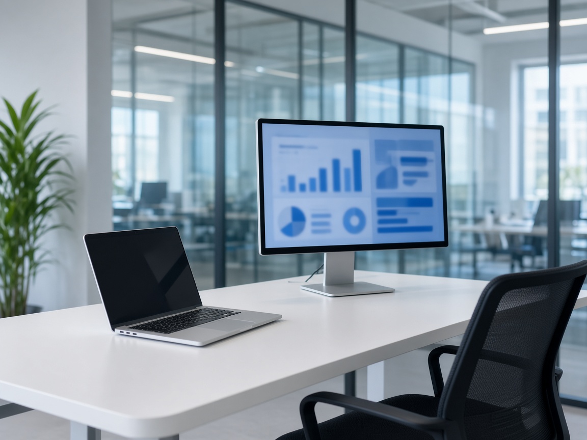 A laptop and monitor on a white desk in a glass-walled modern office.