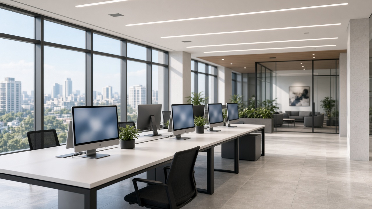 A bright modern software office with a long desk, monitors, and a city view through glass.