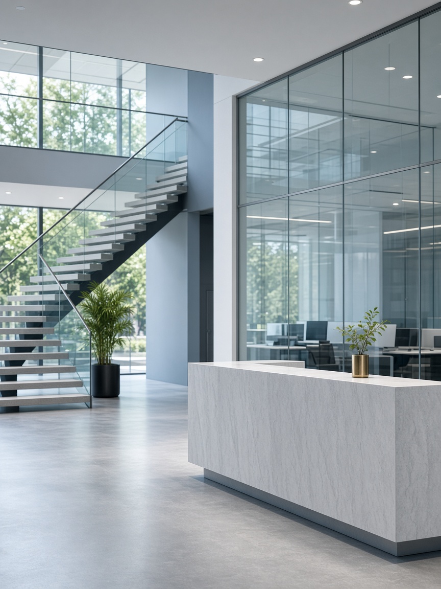 A modern company lobby with a stone reception desk, glass walls, and an open staircase.
